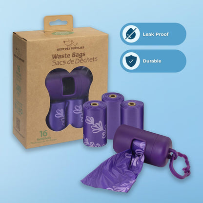 Best Pet Supplies Dog Poop Bags (240 Bags) for Waste Refuse Cleanup, Doggy Roll Replacements for Outdoor Puppy Walking and Travel, Leak Proof and Tear Resistant, Thick Plastic - Purple