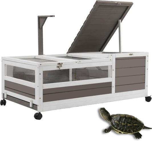 Tortoise Habitat Cage on Wheels with Lamp Stand & Pull-Out Waterproof Tray – Large Wooden Tortoise House, Indoor Outdoor Reptile Enclosure 39''L*23''W*14''H