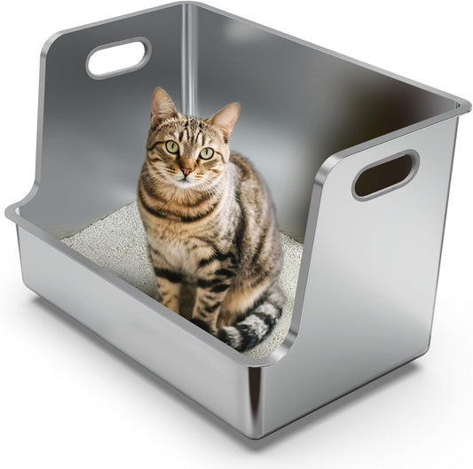 One-Piece Stainless Steel Litter Box, 14.5" High-Side XL Metal Cat Litter Box, Extra Wide Entry Pet Toilet, Cat Litter Station with Wheels, Easy to Move, Non-Stick, No Odor, for Big or Multiple Cats
