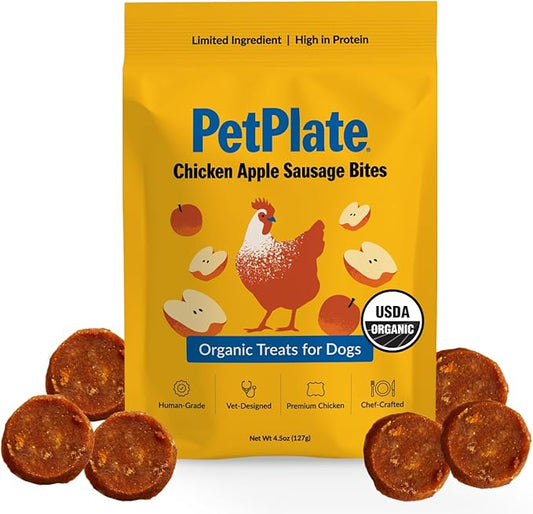 PetPlate Chicken Apple Sausage Bites, Human Grade Dog Treats, All Life Stages, Grain-Free, Organic and Real Ingredients, High Protein, Healthy Snacks (Pack of 1, 4.5 Ounce)