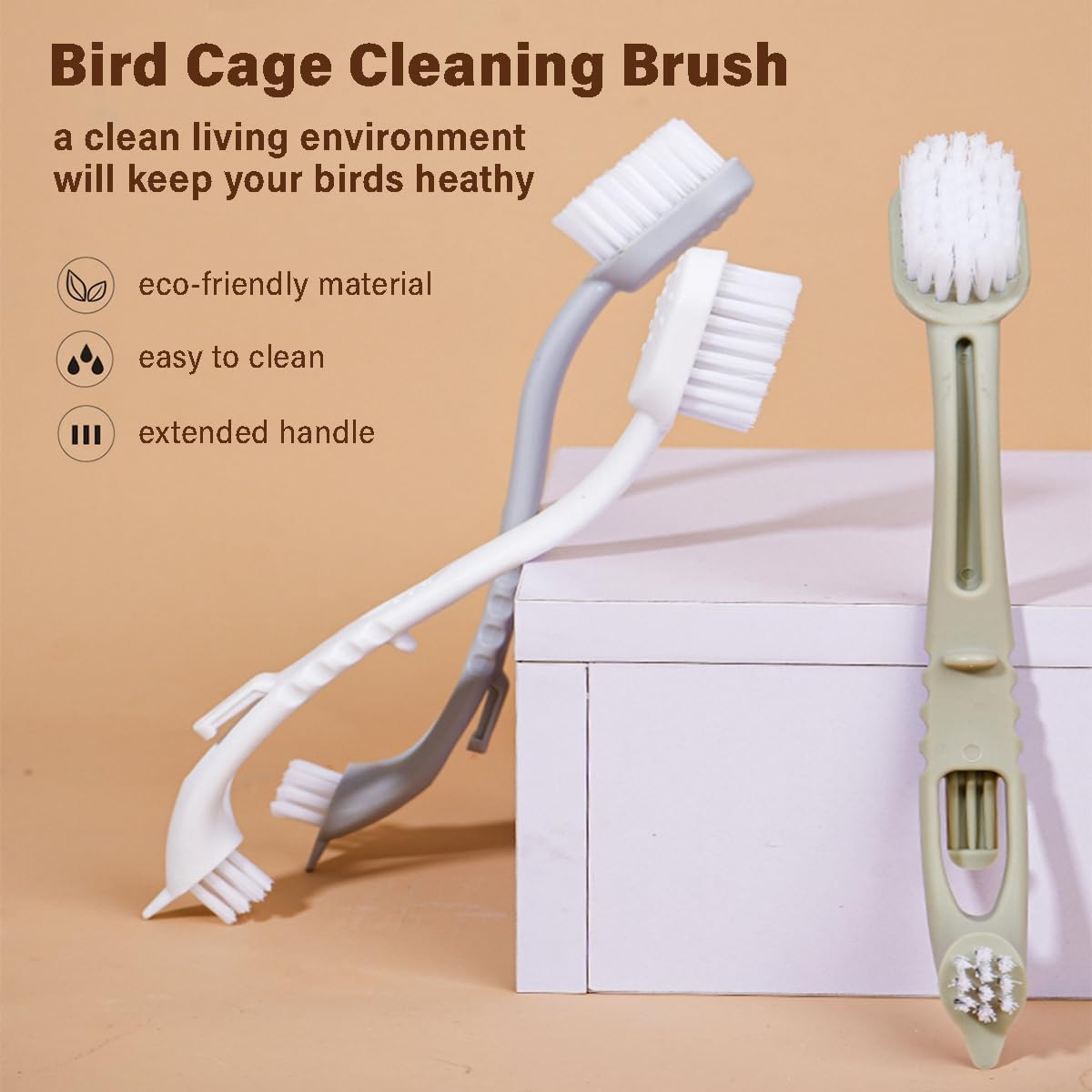 MANON ROSA Bird Cage Cleaner with Two Brush Heads Long Handle Tool for Cleaning Bird Parrot Cages Kennels Perches