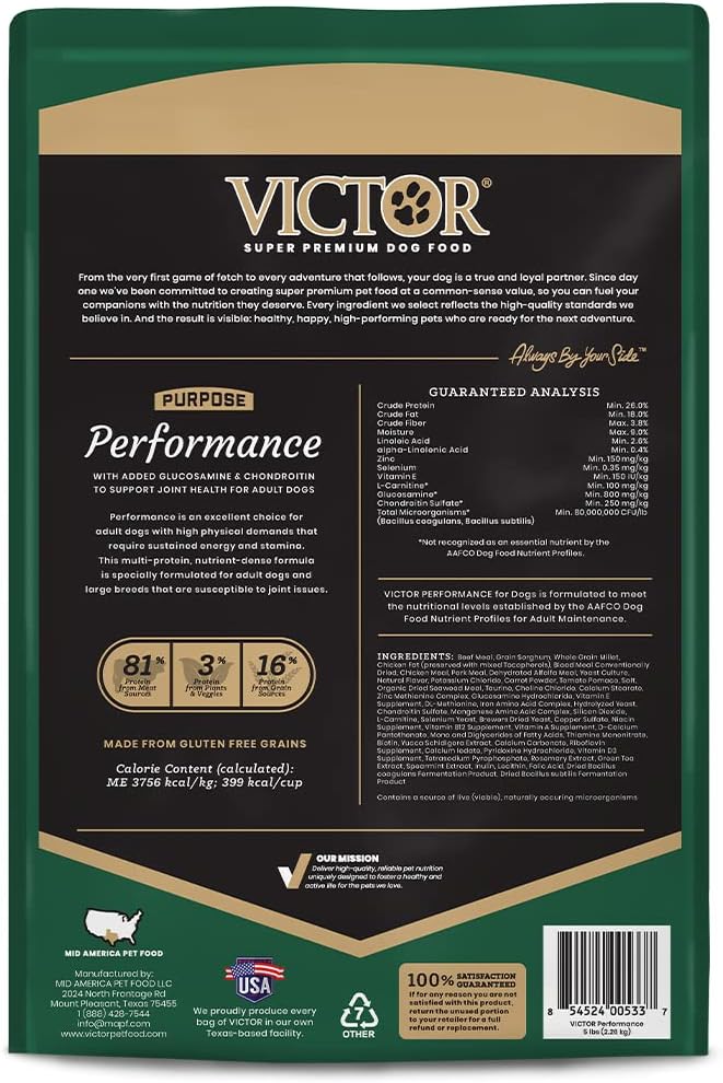 VICTOR Super Premium Dog Food – Performance Dry Dog Food from Beef, Chicken and Pork Meal – 26% Protein for Active Adult Dogs – Includes Glucosamine and Chondroitin for Hip and Joint Health, 5lbs