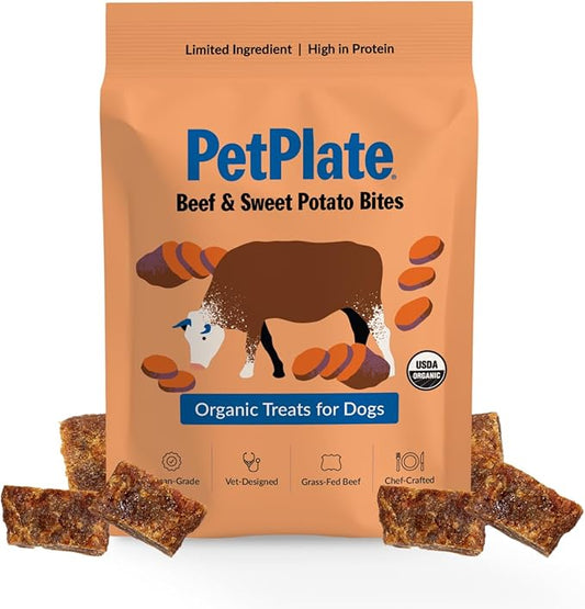 PetPlate Beef and Sweet Potato Bites, Human Grade Dog Treats, All Life Stages, Grain-Free, Organic and Real Ingredients, High Protein, Healthy Snacks (Pack of 1, 4.5 Ounce)