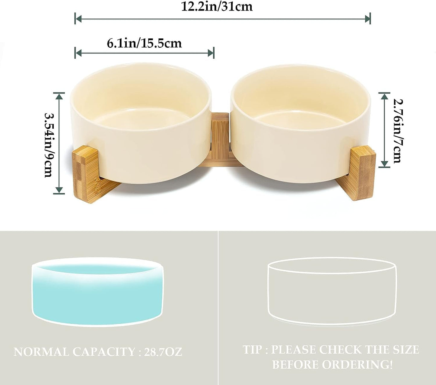 SPUNKYJUNKY Ceramic Dog and Cat Bowl Set with Wooden Stand, Modern Cute Weighted Food Water Set for Small Size Dogs (13.5OZ) & Medium Sized Dogs (28.7OZ) & Cats (3.6 Cups, 2 × Beige)