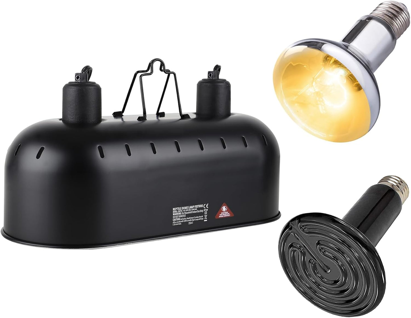 DXOPHIEX 15 inch Dual Reptile Light Fixture, Max 150W Dual Reptile Heat Lamp Fixture with 100W UVA UVB Sun Light & Ceramic Heat Emitter,Double Dome Lamp for Terrarium and Tortoise Habitat