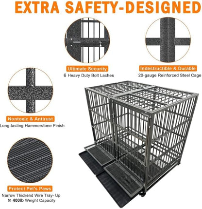 54/48/42/38 Inch Heavy Duty Dog Crate Cage with Wheels, Indestructible and Escape Proof Steel Kennel Indoor for High Anxiety Dogs with Sturdy Locks, Double Door and Tray, Extra Large XL XXL