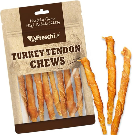AFreschi Turkey Tendons for Dogs, USA-Sourced, Healthy Dog Treats, Rawhide-Free Puppy Chews, All Natural, Hypoallergenic Dog Treats, Classic Series, Turkey Tendon Wrapped Chicken Stick, 3.5 oz Pack