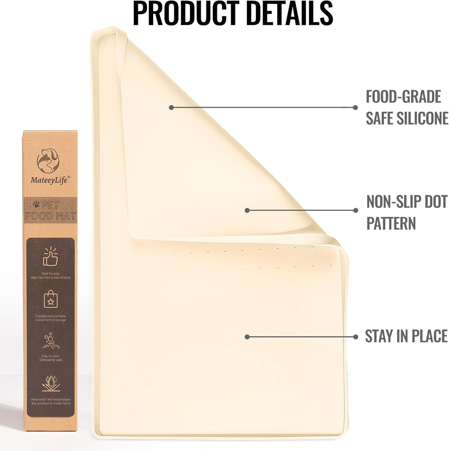 MateeyLife Dog & Cat Food Mat, Waterproof & Nonslip Silicone Feeding Mats for Dogs and Cats, Raised Edge Tray for Messy Drinkers, 22"x14", Beige