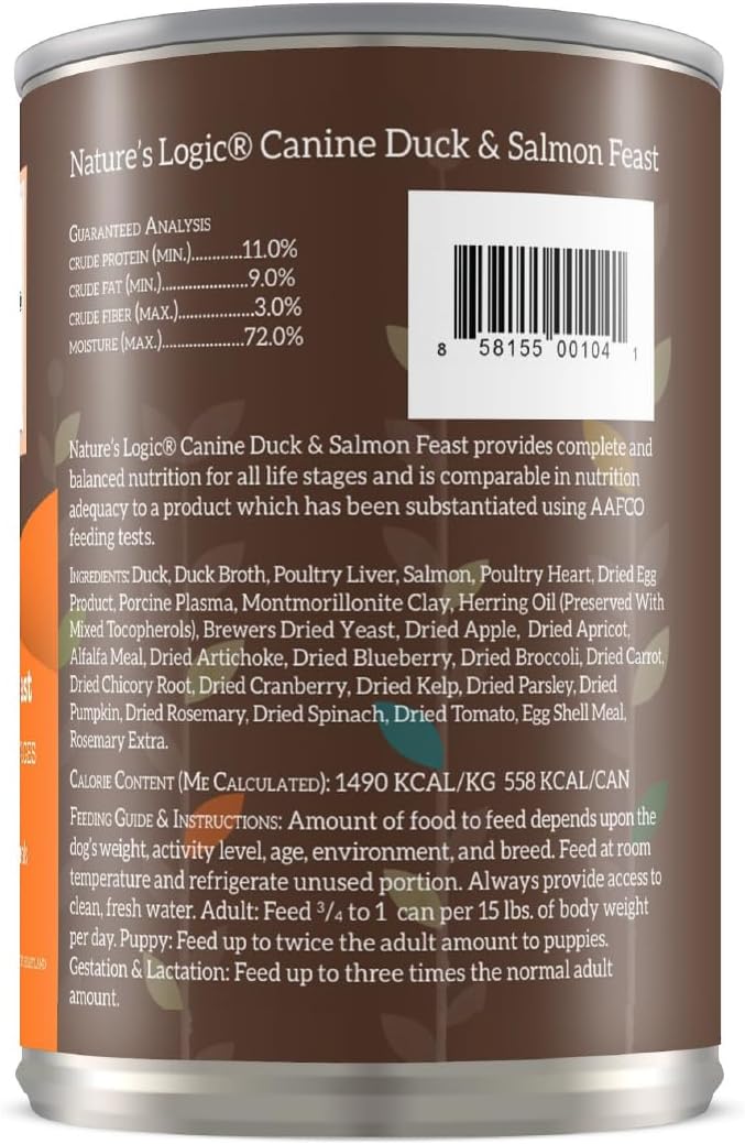 Nature's Logic Grain-Free Canned Dog Food - 95% Animal Proteins - 100% Natural Wet Dog Food Cans - No Common Allergens - All Life Stages - Ideal for Sensitive Dogs - Duck & Salmon (13.2 oz, 12 pack)
