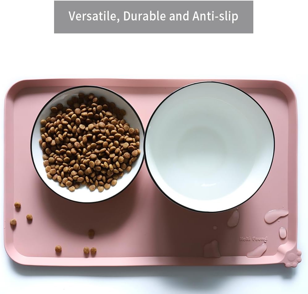 Hoki Found Silicone Pet Food Tray - High-Lips Dog Cat Bowl Mats - Waterproof Dog Cat Food Mats - Neutral Pink