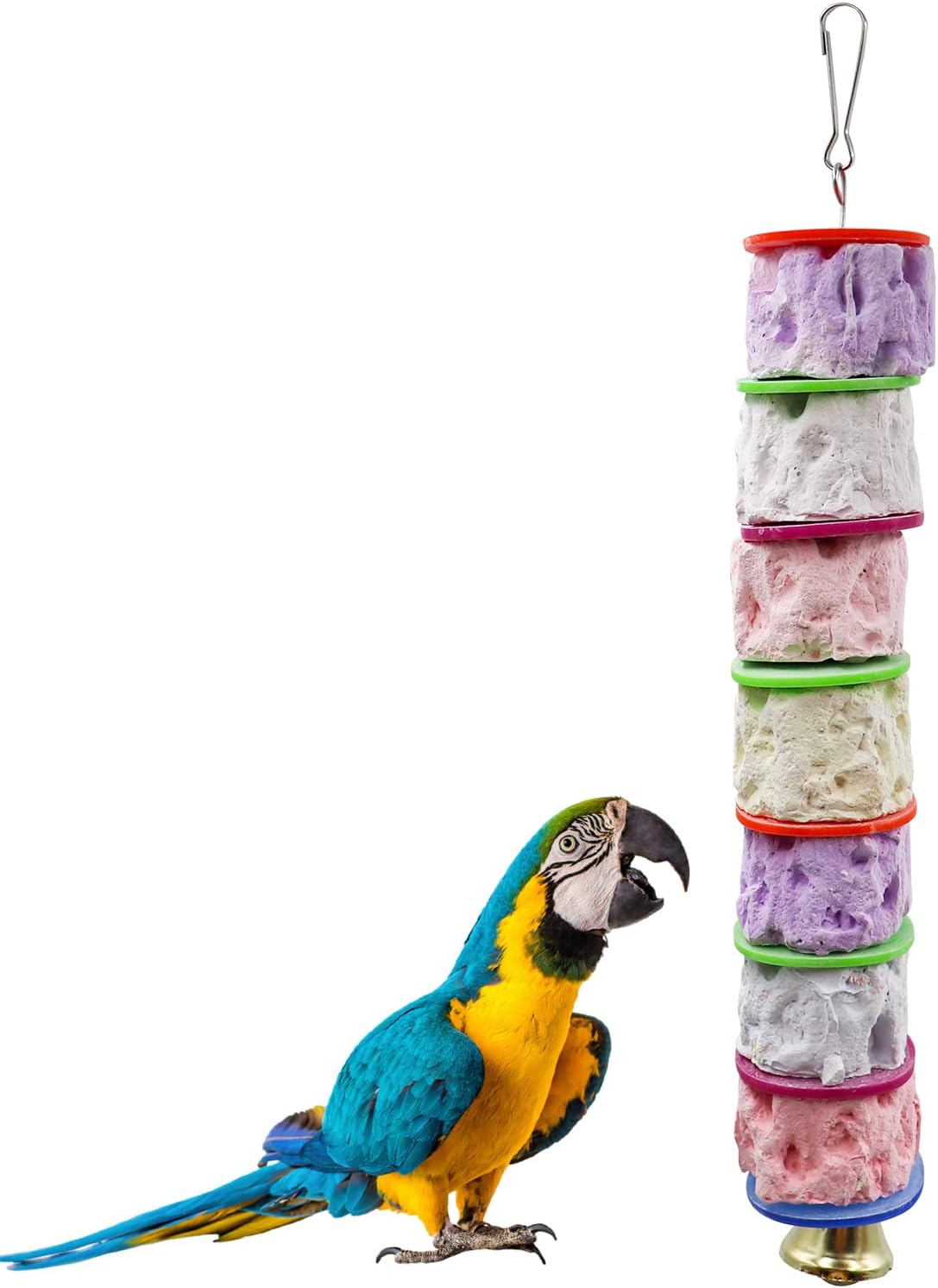 Large Bird Chewing Toy, Colorful Parrot Beak Grinding Calcium Stone with Bells, Bird Cage Accessories, Cage Toys for Cockatiel Parakeet Budgies Rat Hamster Chinchilla Rabbit Bunny African Grey(1 Pack)