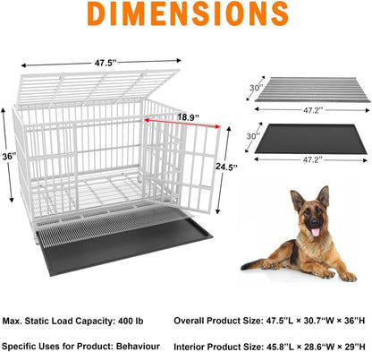 54/48/42/38 Inch Heavy Duty Dog Crate Cage with Wheels, Indestructible and Escape Proof Steel Kennel Indoor for High Anxiety Dogs with Sturdy Locks, Double Door and Tray, Extra Large XL XXL