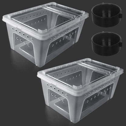 2 PCS Reptile Feeding Box Lizard Tarantula Habitat Cage Hatching Container Snake Breeding Box Transparent Portable Plastic Mini Pet Houses for Scorpion Spider Frog