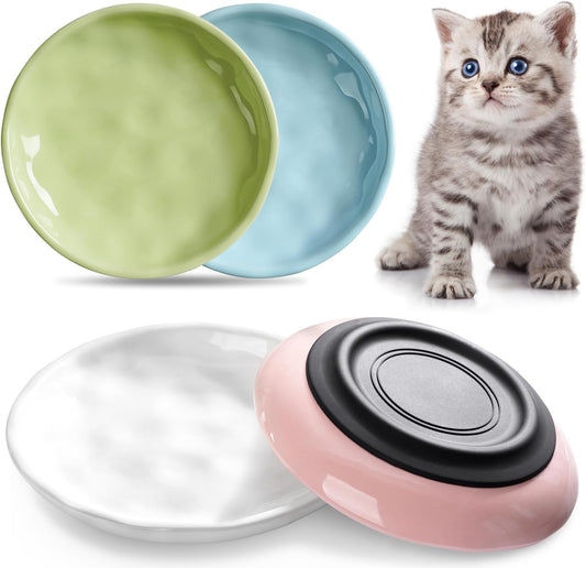 Non-Slip Cat Food Bowl,Healthy Ceramic Cats Bowls with Silicone Bottom, Anti-Whisker Fatigue Cat Dishes Set, Shallow & Wide Kitten Plates for Food and Water, 4 Pack