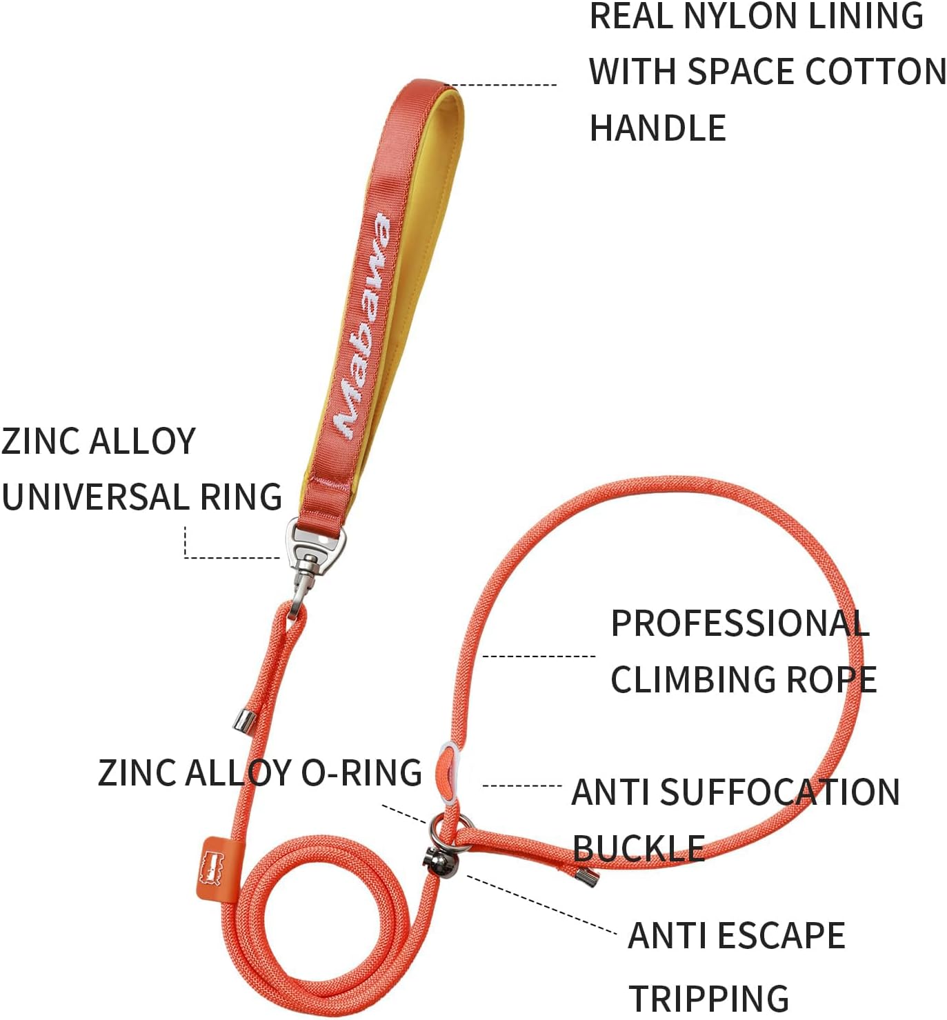 Dog Anti-Slip Leash 5FT with Metal Stopper - Durable No-Pull Training Lead for Small, Medium & Large Dogs - Comfortable Handle Nylon Rope, Tangle-Free Pet Walking Leash (Orange, 5 FT)