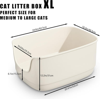 Gefryco Large Cat Litter Box with High Sided 24.6"x18.3"x12.2" - Jumbo Extra Large Open Anti - Splashing High Wall for Multiple Cats (White)