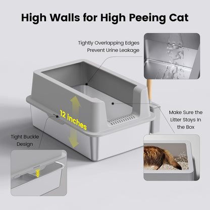 2 Pack Stainless Steel Cat Litter Box - Enclosed XL Metal Kitty Litter Box with Lid for Big Cats, High Sided, Anti-Leakage, Easy Cleaning, Non-Sticky, Included Cat Litter Spoon