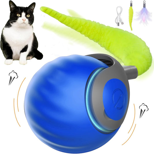 Upgraded Speedy Interactive Cat Ball 4.0 Toys with 2 Optional Tails, Smart Moving Ball Cat Toy for Bored Indoor Cats, Rechargeable & Detachable Automatic Kitten Rolling Balls Toy (Blue)