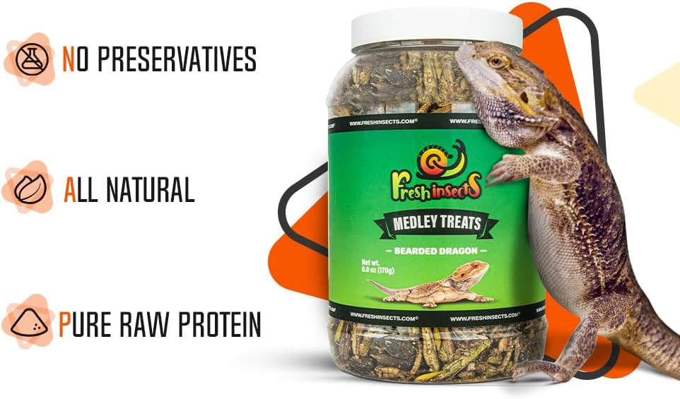 Medley Treat Bearded Dragon Food - Freeze Dried Mealworms, Grasshoppers, Crickets, Quality Tested, Vitamin & Calcium Enriched, Essential Proteins, Fats & Minerals - For Bearded Dragons, Reptiles 2.5oz
