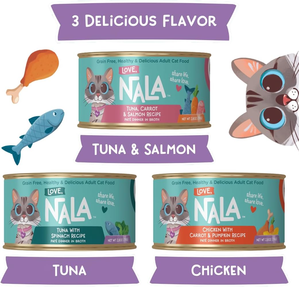 LOVE, NALA - Natural Adult Cat Wet Food - Pate Variety Pack - Tuna, Chicken, Tuna and Salmon - Grain Free, Non-GMO, Fiber Blend, Minerals, Vitamins - 12 Pack 2.1 lbs.