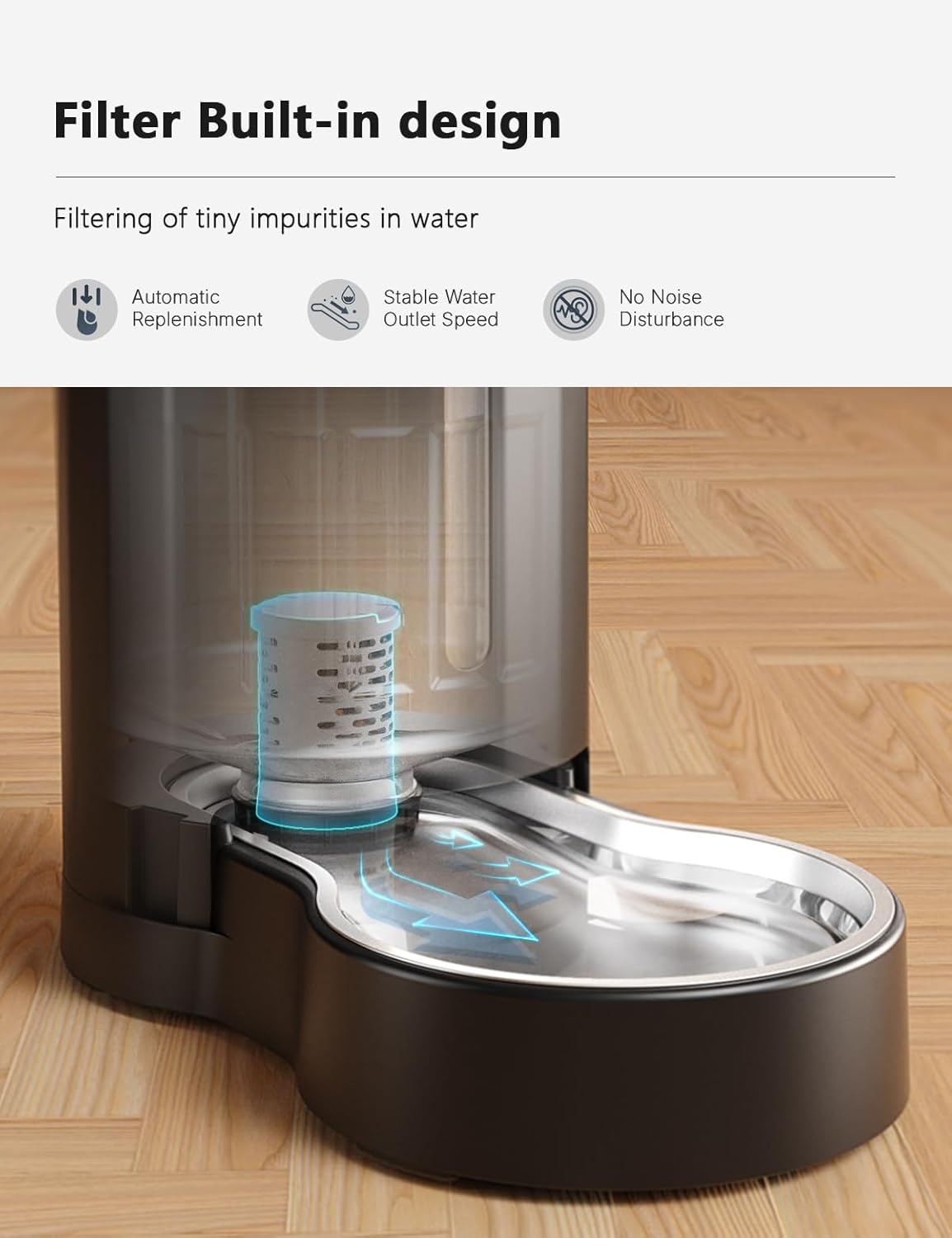 CZPET Automatic 4L Filter Dog and Cat Water Dispenser with Stainless Steel Bowl Gravity Waterer,Large Capacity and Drinking Area Noise-Free for Pets (Black)