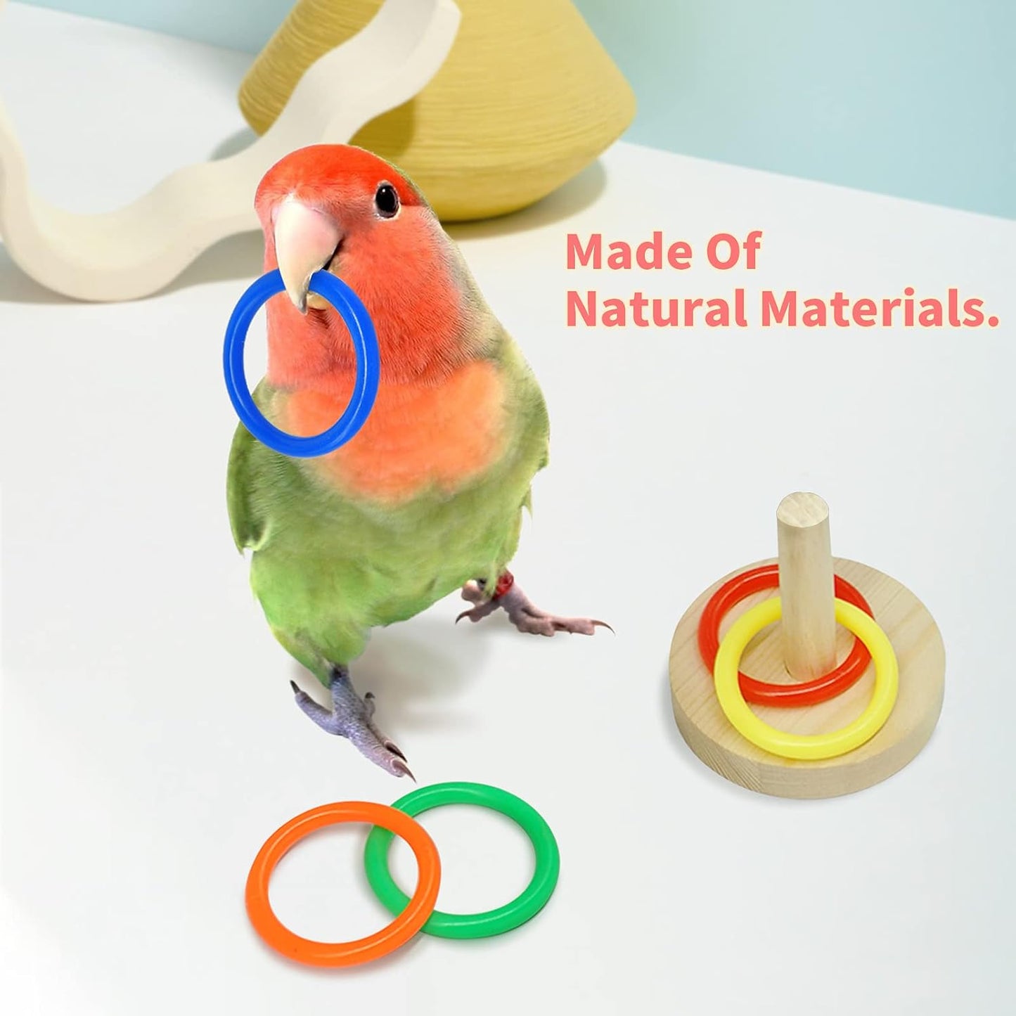 Bird Toys For Parakeets,5pcs Parrot Toys Set （Include Bird Basketball Toy、Bird Skateboard、Bird Stacking Toy、Parrot Wooden Block Puzzles Toy、Small Sepak Takraw）,Parakeet Toys、For Bird Training Toys12