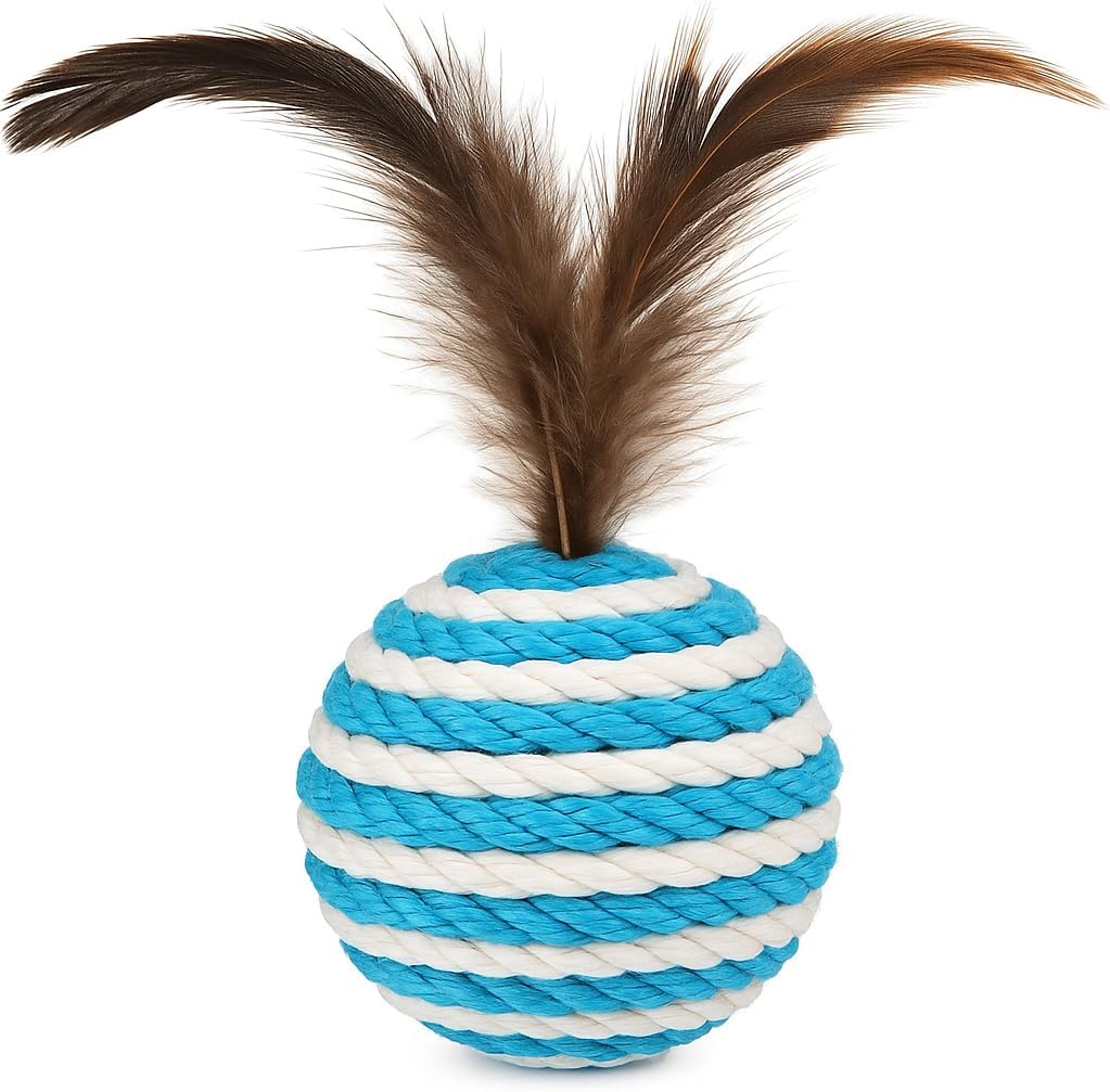 Ball for cat with Feathers - Balls for Cats – Natural Toy for Indoor Cats – Eco-Friendly, Durable, Interactive Play Balls for Kittens – Pet-Safe Chew & Scratch Toys (Sky Blue)