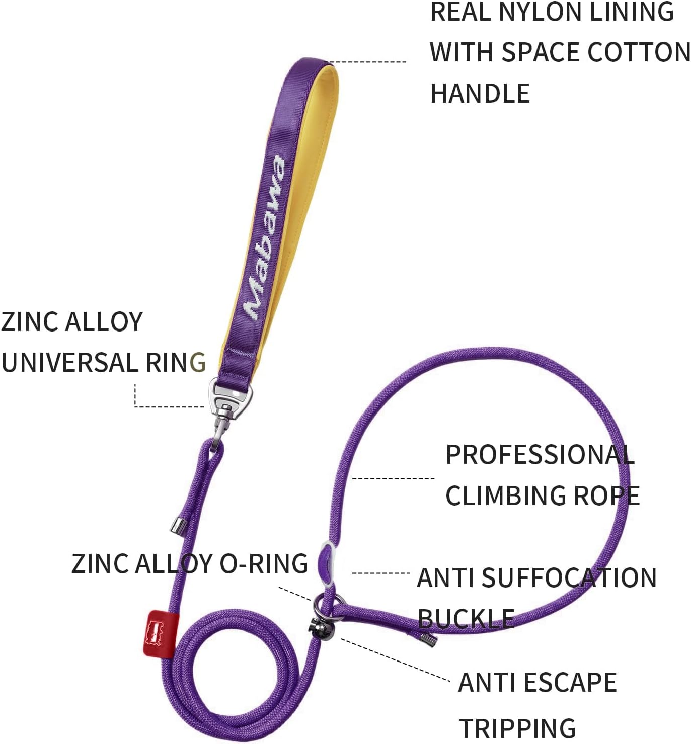 Dog Anti-Slip Leash 5FT with Metal Stopper - Durable No-Pull Training Lead for Small, Medium & Large Dogs - Comfortable Handle Nylon Rope, Tangle-Free Pet Walking Leash (Purple, 5 FT)