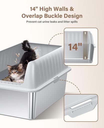 Cat Litter Box Stainless Steel XL with Lid, Enclosed Metal Extra Large Litter Box Pan High Sided with Scoop for Big Cats, Non-Sticky, Anti-Urine Leakage, Easy Cleaning