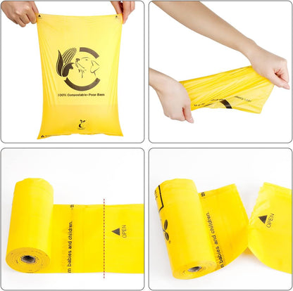 Certified Compostable Dog Poop Bags, 120 Count Landfill Friendly and Leakproof Waste Bags, Easy Open Unscented Maize Yellow Poop Bag for Dog, 15 Doggy Bags Per Roll (8 rolls)