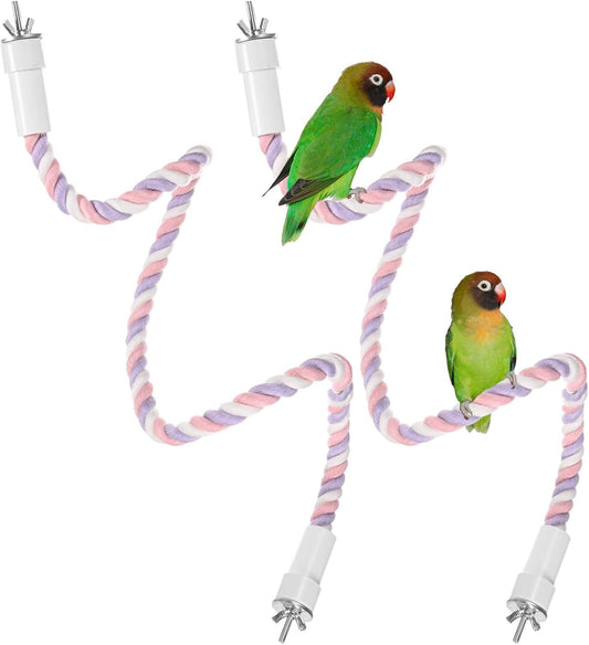 2-Pack Rope Perches for Bird Cages, 31.5 in Length Comfort Grip Flexible Rope Perch Beak & Paw Grinding for Parrots/Cockatiels/Parakeets, Bird Platform Sand [Pink Purple]
