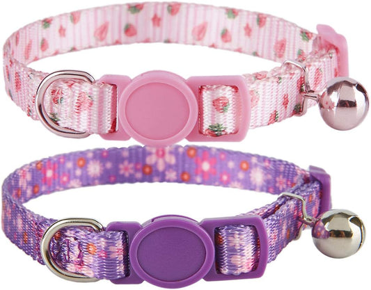 2 Pack Floral Cat Collars Breakaway Kitten Collar with Bell Adjustable Cute Kitty Collar for Female Cats Pink Purple