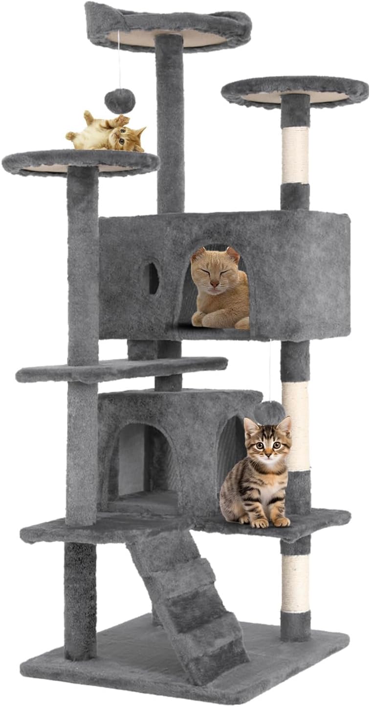 54.7 Inches Cat Tower for Indoor Cats, Multi-Level Cat Condos with Scratching Posts, Hanging Toys, Light Gray