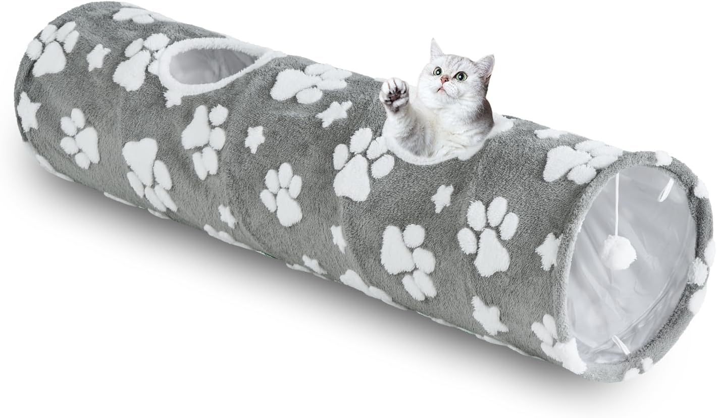 Straight Cat Tunnel for Indoor Cats 47"x12", Cute Cat Toys Collapsible Tunnel Tube with Balls for Puppy Kitten Rabbit, Grey Paw