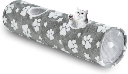 Straight Cat Tunnel for Indoor Cats 47"x12", Cute Cat Toys Collapsible Tunnel Tube with Balls for Puppy Kitten Rabbit, Grey Paw