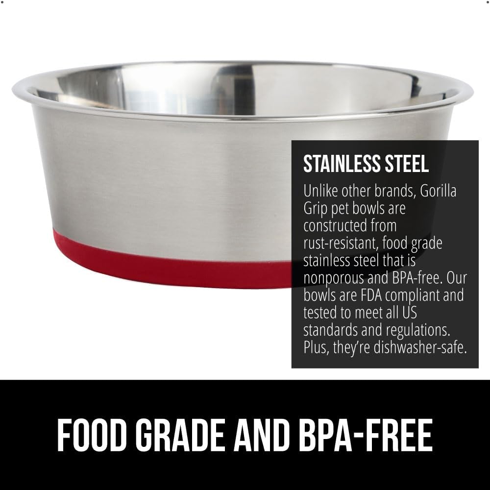 GORILLA GRIP Set of 2 Dog Bowls, Holds 6 Cups (48 fl oz), Heavy Duty Metal Food and Water Bowl for Feeding Dogs and Cats, Dishwasher Safe, Rust Resistant Stainless Steel, BPA Free Rubber Base, Red