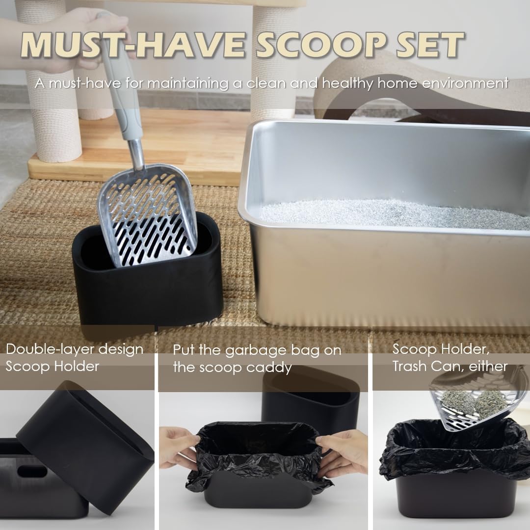 Metal Cat Litter Scoop with Holder, Aluminum Cats Litter Scooper Captures All Clumps, Heavy Duty Metal Kitty Scoopers with Holder, Cat Metal Scoop and Holder (Black)
