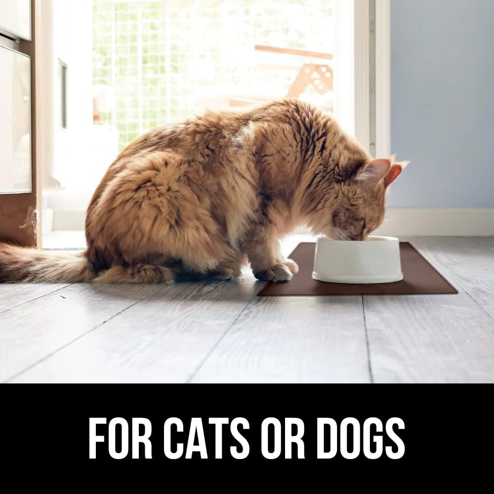 GORILLA GRIP 100% Waterproof Raised Edge BPA Free Silicone Pet Feeding Mat, Dog Cat Food Mats Contain Spills Protects Floors, Placemats for Cats and Dogs Water Bowl, Pets Accessories 18.5x11.5 Brown