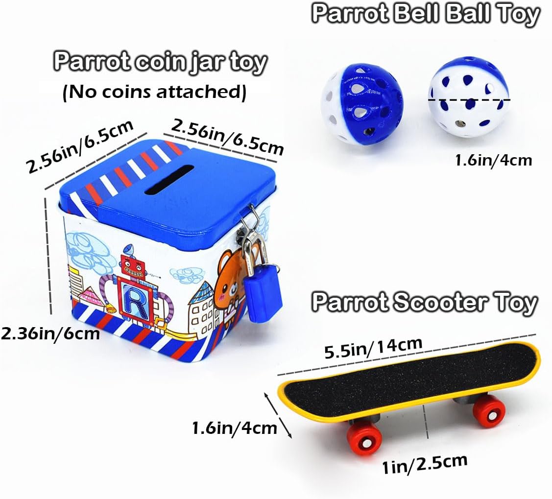6pcs Interactive Puzzle Toy Set for Small Parrots - Training, Stress Relief, Include Coin Box, Bell Ball, Skateboard & Ferrule Toy for Bird Budgies, Cockatiels, Parakeet etc