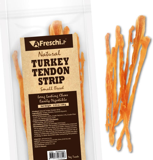 AFreschi Turkey Tendons for Dogs, USA-Sourced, Healthy Dog Treats, Rawhide-Free Puppy Chews, Long Lasting, All Natural, Hypoallergenic Dog Treats for Small Breeds, 3.53 oz Pack Strips