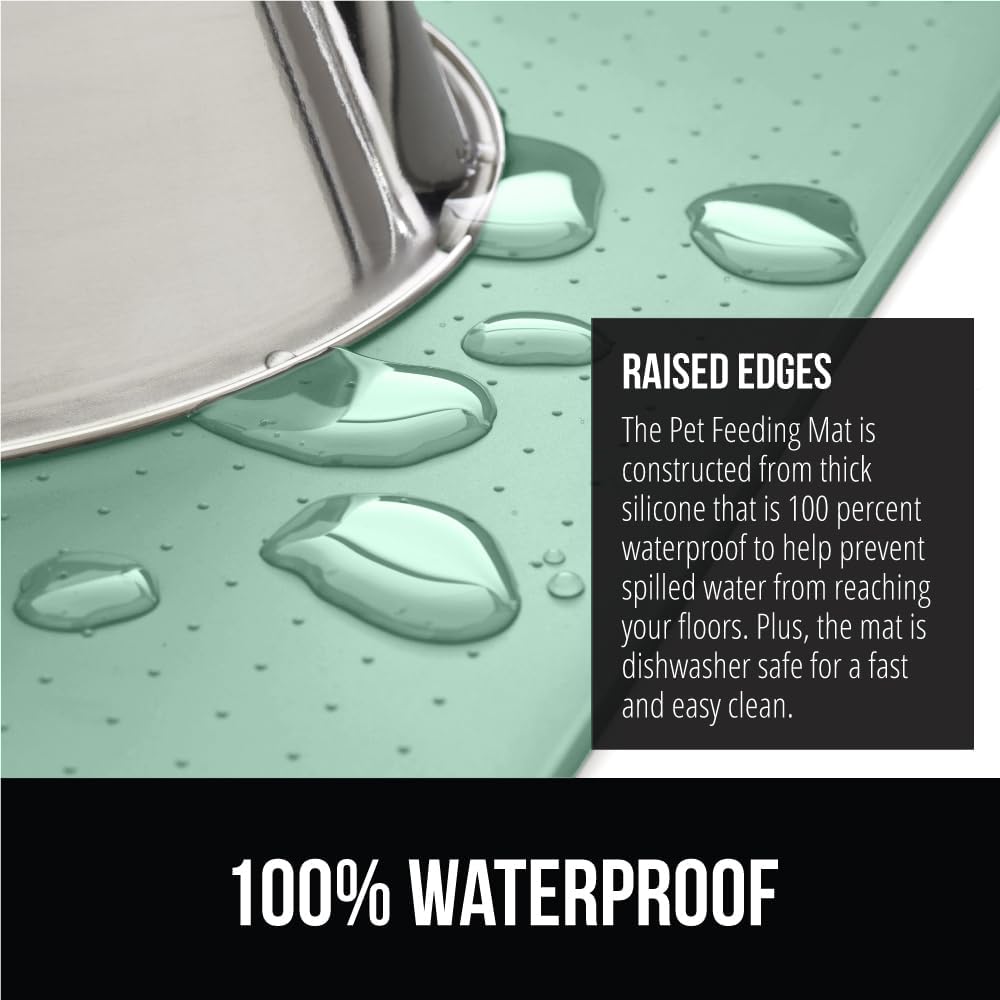 GORILLA GRIP 100% Waterproof Raised Edge BPA Free Silicone Pet Feeding Mat, Dog Cat Food Mats Contain Spills Protects Floors, Placemats for Cats and Dogs Water Bowl, Pets Accessories 16x10, Mint