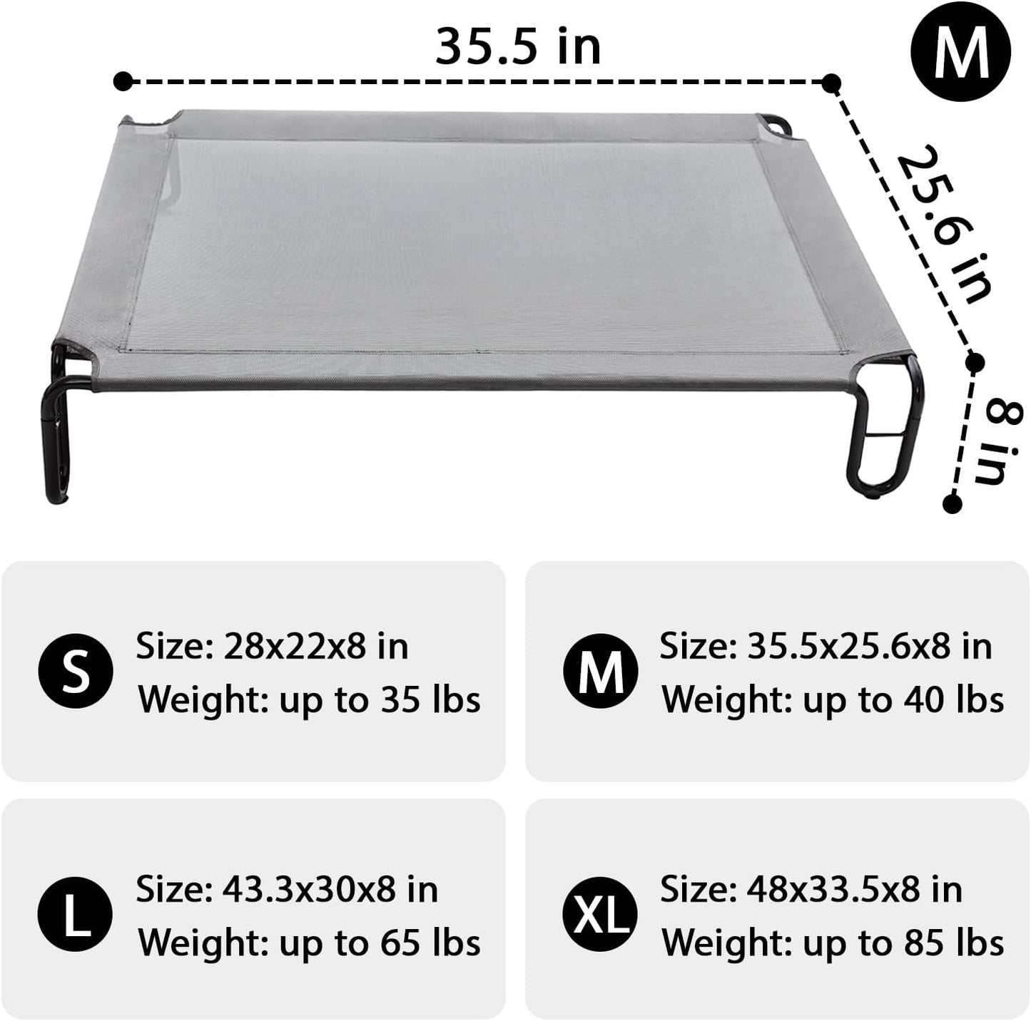 Pettycare Elevated Outdoor Dog Bed - Medium Dog Cot, Waterproof, Cooling, Non Slip, Up to 40 lbs, Grey
