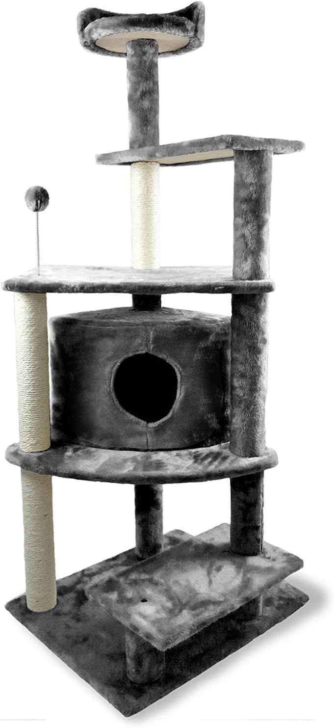 Furhaven 59.8" Tall Cat Tree for Indoor Cats, Ft. Sisal Scratching Posts, Condo, & Toys - Tiger Tough Platform House Interactive Playground Tower - Gray, One Size