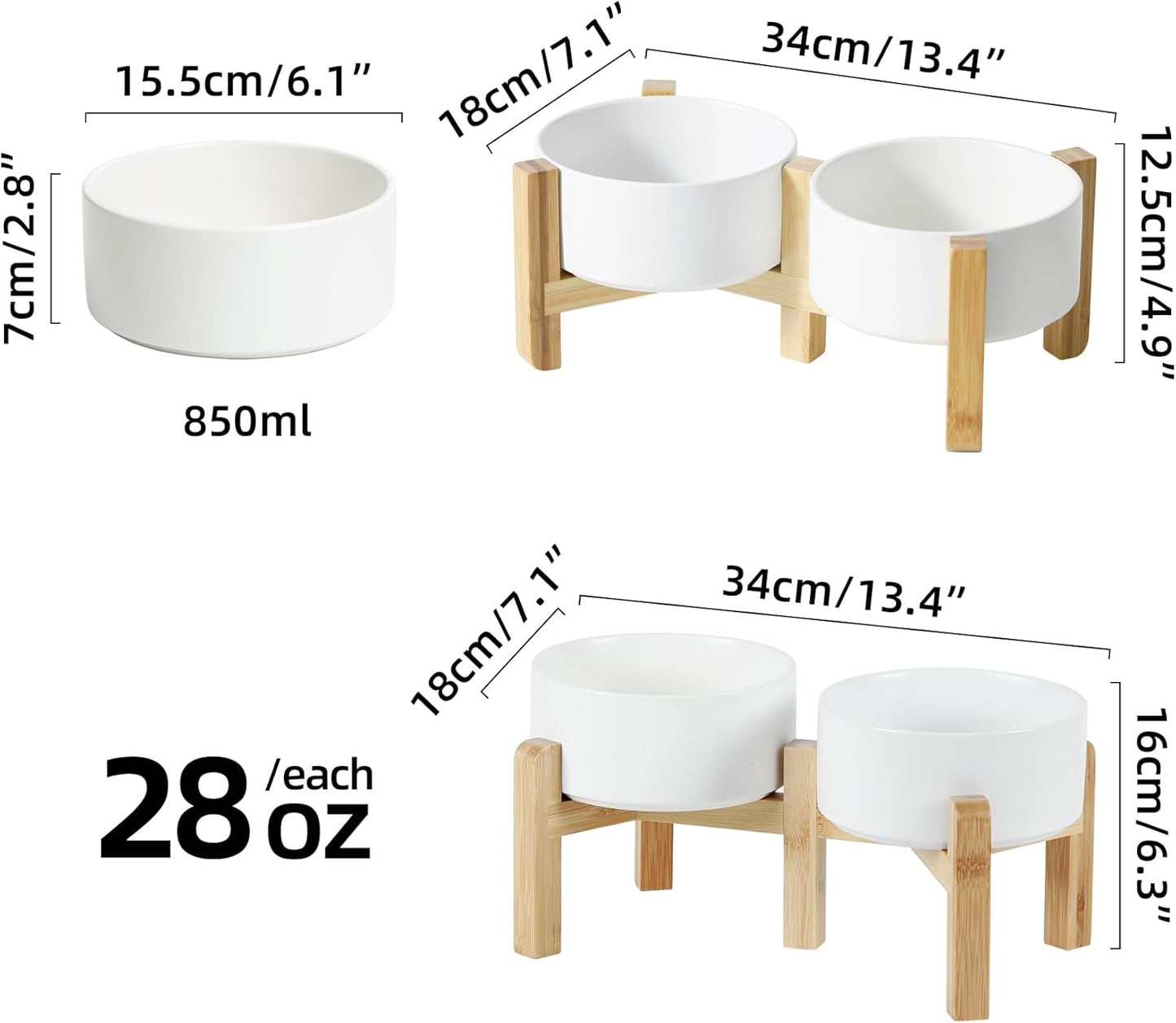 Ceramic Raised Double Bowls Set with Stand, 2 Heights Elevated, Food & Water Bowls for Small Breed Dogs, Weighted Dog Dishes, Pet Bowl(6.1'',28.7oz, White)