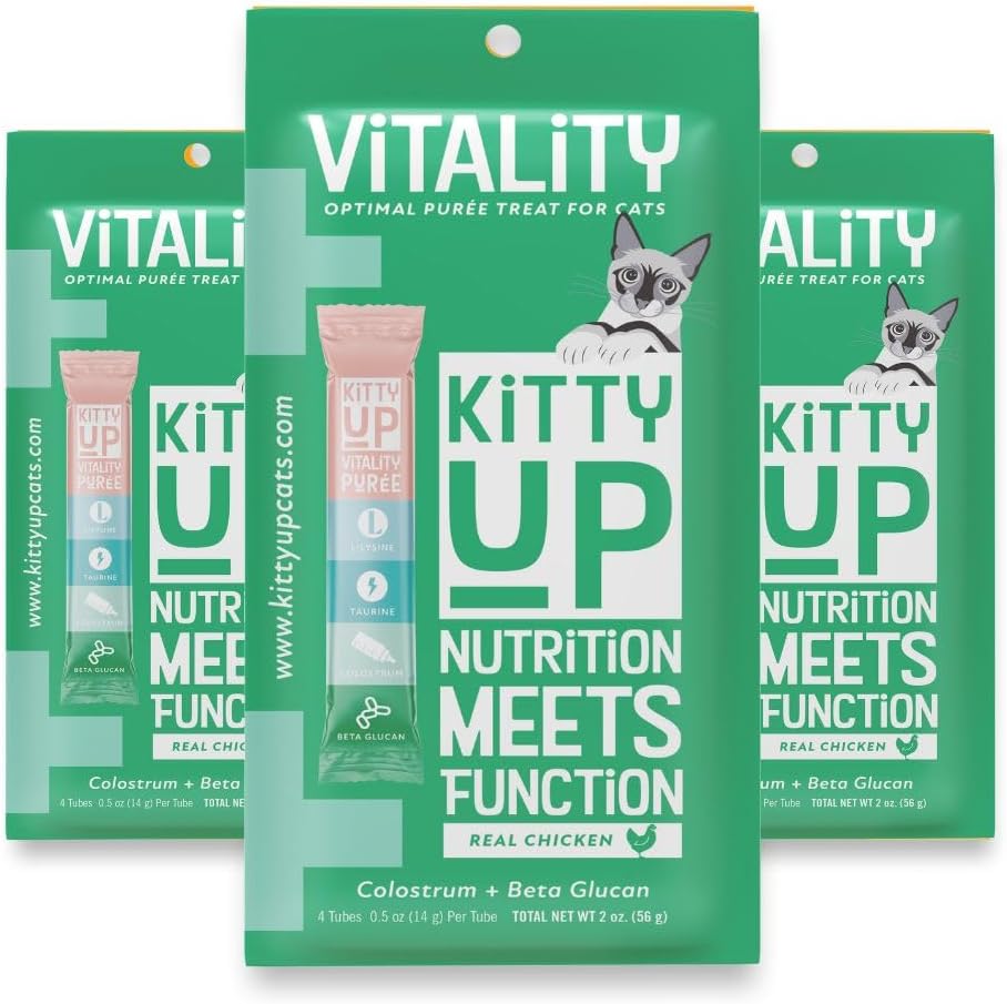 Vitality Lickable Cat Treat Pouches for Indoor Cats - All Natural Chicken Puree Tube Treats, Kitten and Senior Soft Wet Cat Treat - Grain Free, Lysine, Taurine; 12 Tubes .05 oz ea.