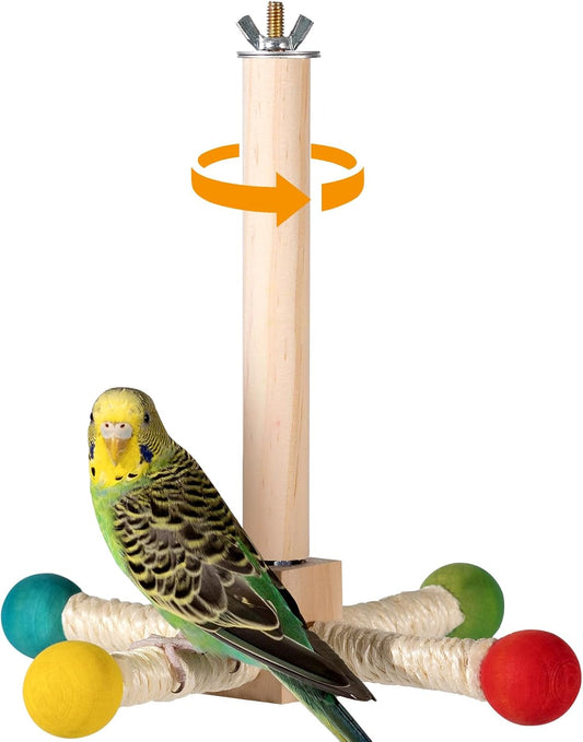 Bird Stand Perch Toy, 360° Wooden Spinning Toy for Parrots, Fun Cage Toy Accessory, Suitable for Budgies, Cockatiels, Lovebirds, Parakeets, Finches and Other Small to Medium Birds