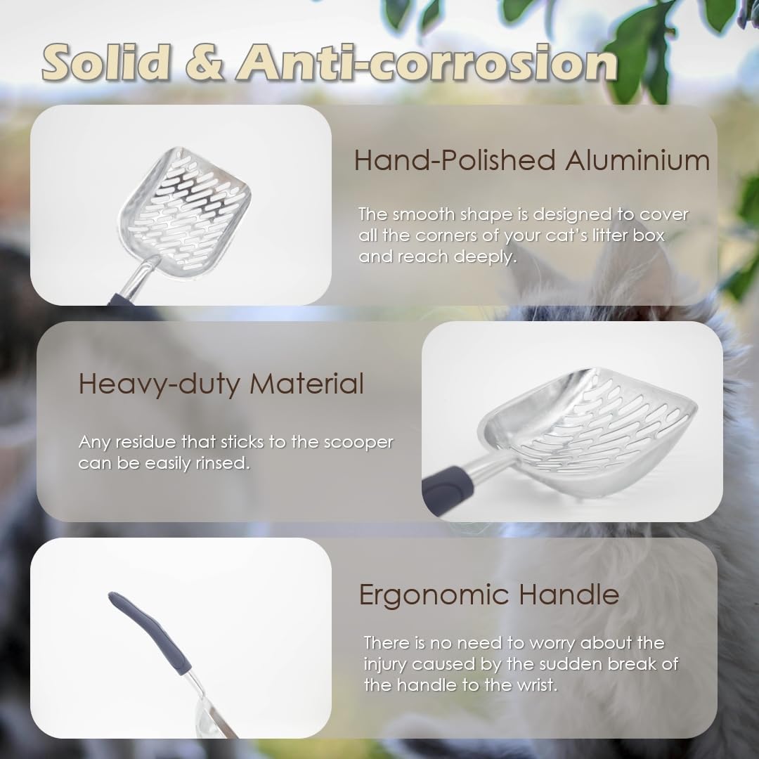 Heavy-Duty Metal Cat Litter Scoop with Holder, Aluminum Cats Litter Scooper Captures All Clumps, Kitty Metal Scooper and Holder (White)