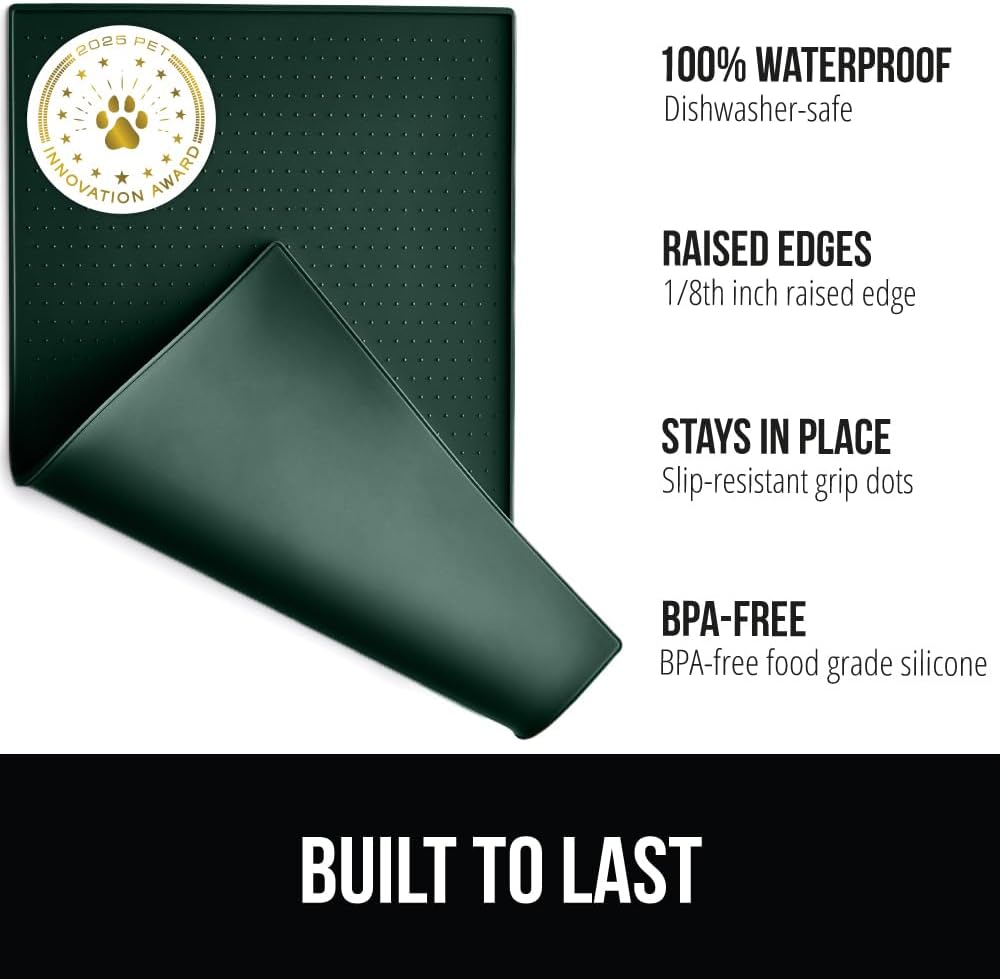 GORILLA GRIP 100% Waterproof Raised Edge BPA Free Silicone Pet Feeding Mat, Dog Cat Food Mats Contain Spills Protects Floors, Placemats for Cats and Dogs Water Bowl, Pets Accessories 28x18 Green