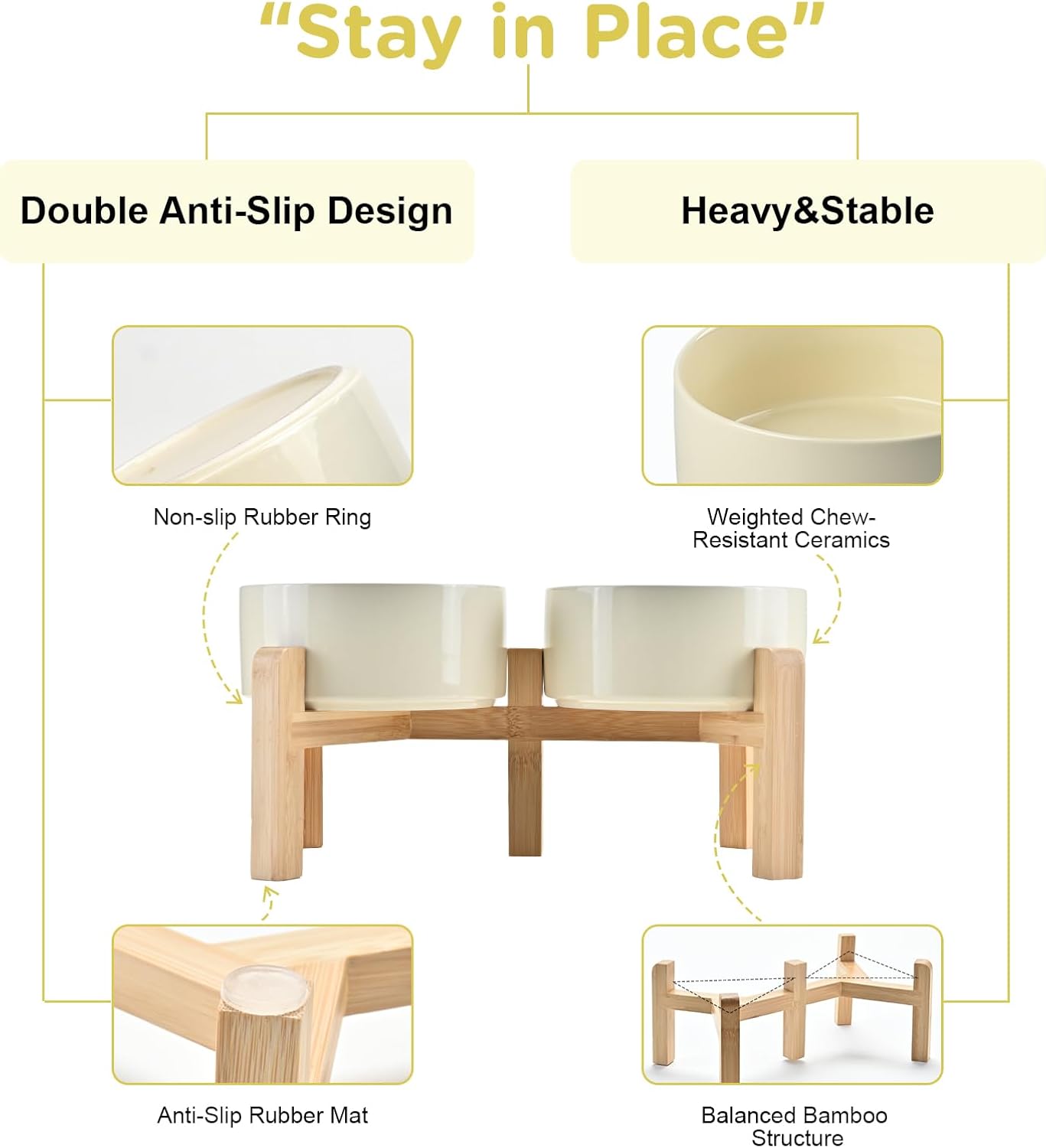 SPUNKYJUNKY Elevated Dog Bowls Ceramic, 6.1'' Dogs and Cat Food Water Bowls Raised with Non-Slip Bamboo Stand for Medium Sized Breed Microwave Dishwasher Safe - 28.7 OZ,Beige