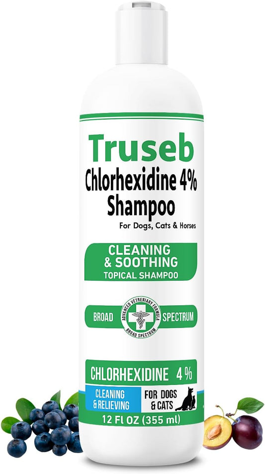 Truseb Topical Chlorhexidine 4% Shampoo for Dogs, Cats, and Horses with Plum/Blueberry Scent - 12 oz - Made in U.S.A (Chlorhexidine 4% Shampoo, 12 oz)